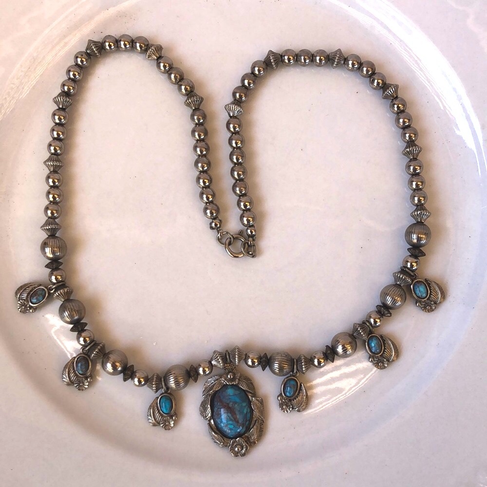 Necklace Beads Faux Turquoise Concha Silver Tone